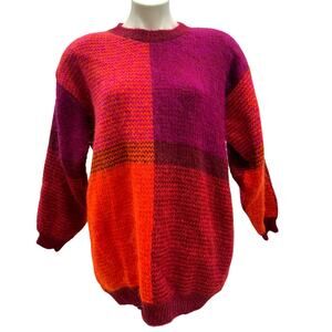 Vintage 90’s Color Block Mohair Sweater Fushia Hot Pink Oversized Shoulder Pads